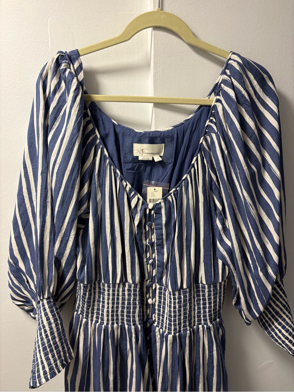 Anthropologie 1X Striped Long-Sleeve Sweetheart Button Front Peasant Dress NWT - Picture 6 of 12